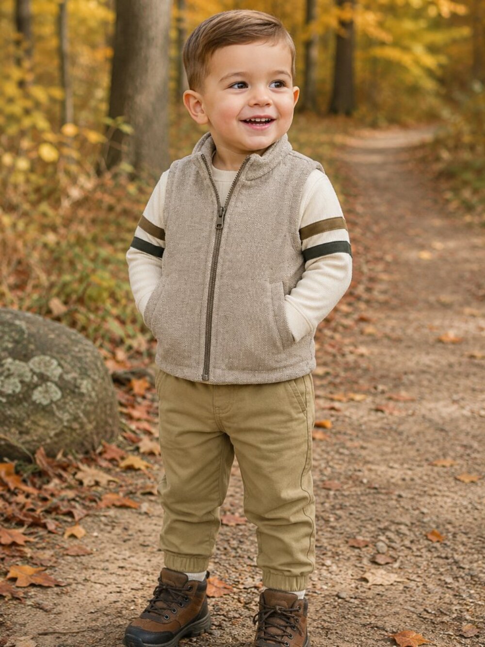NWT Little Lad Boys 3-Piece Outfit Set Size 2T Beige Vest Shirt Khaki Joggers
